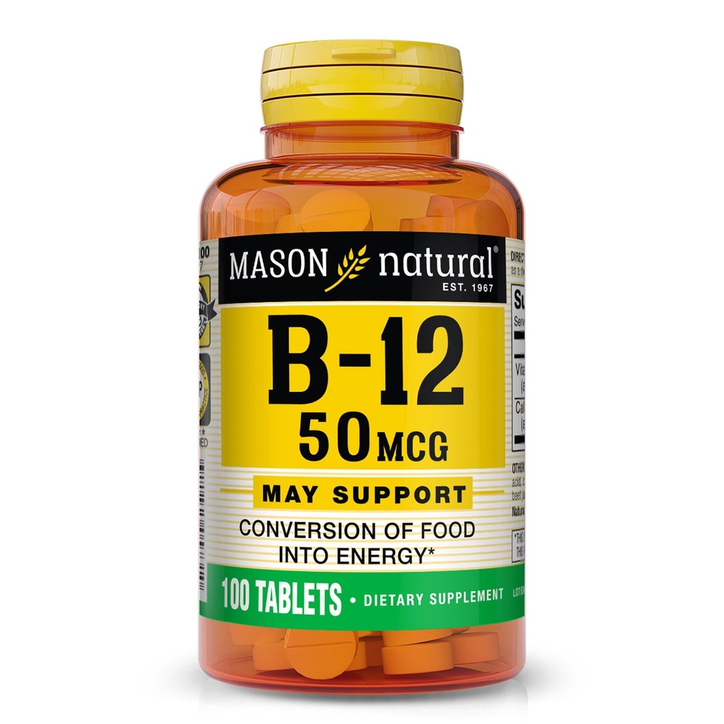 MASON NARAVNI Vitamin B12 50 mcg s kalcijom, 100-dnevna oskrba, prehranska dopolnila za podporo ravni naravne energije, 100 tablet (paket po 1)