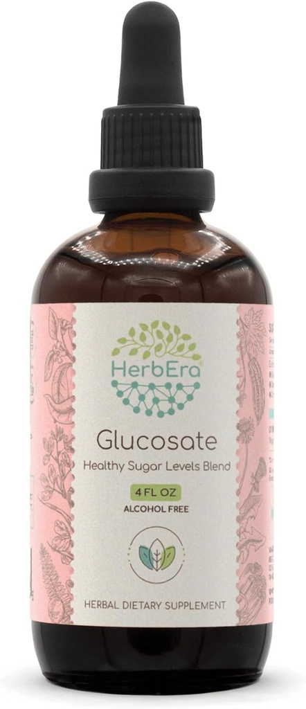 HerbEra Glukozate B120 Izvleček brez alkohola Tinktura, Sadje grenke meline, Cimet Bark, korenina Dandelion, Gymnema Leaf, Fenugreek Seme, Amla Sadje. Zdrave ravni sladkorja Mešanica 4 Fl Oz