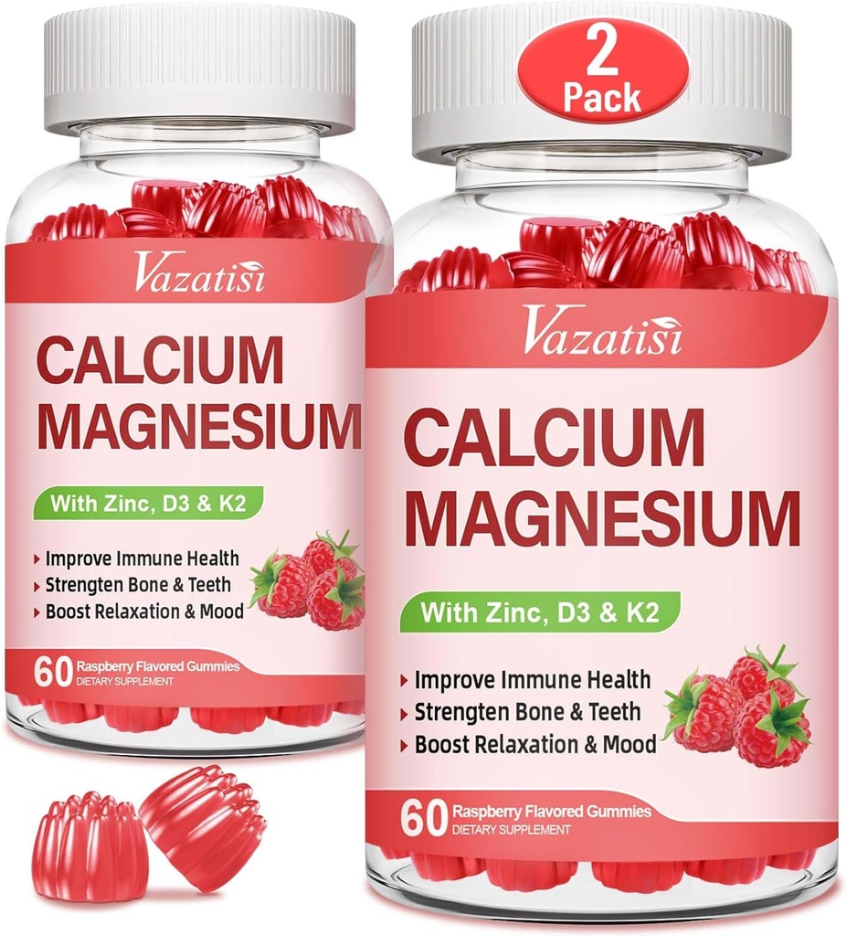 Kalcij Magnezijev cink Gumiji z vitaminom D3 & K2, visoka absorpcija Magnezijev glicinat Kalij za imunski in mirni razpoloženj, Raspberry Flavor 120 Gumies