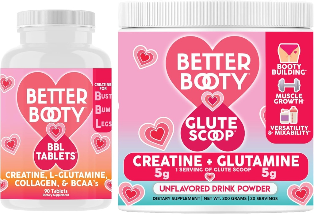 Jezna dopolnila boljši Booty ženski kreatin Combo: BBL tablete (90ct) w. Kreatin, glutamin, BCAA, kolagen + glute Scoop Kreatin & Glutamin Nearomatična pijača