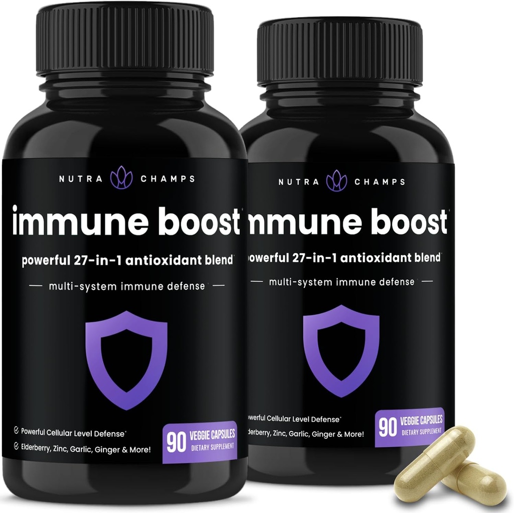NutraChamps 27 v 1 Imunska podpora dodatek, 90 Imunska obramba kapsule, 1000mg Vitamin C, 5000 i.e. D3, Bezgova jagoda, cink, 1 milijarda CFU probiotiki & več (paket po 2)