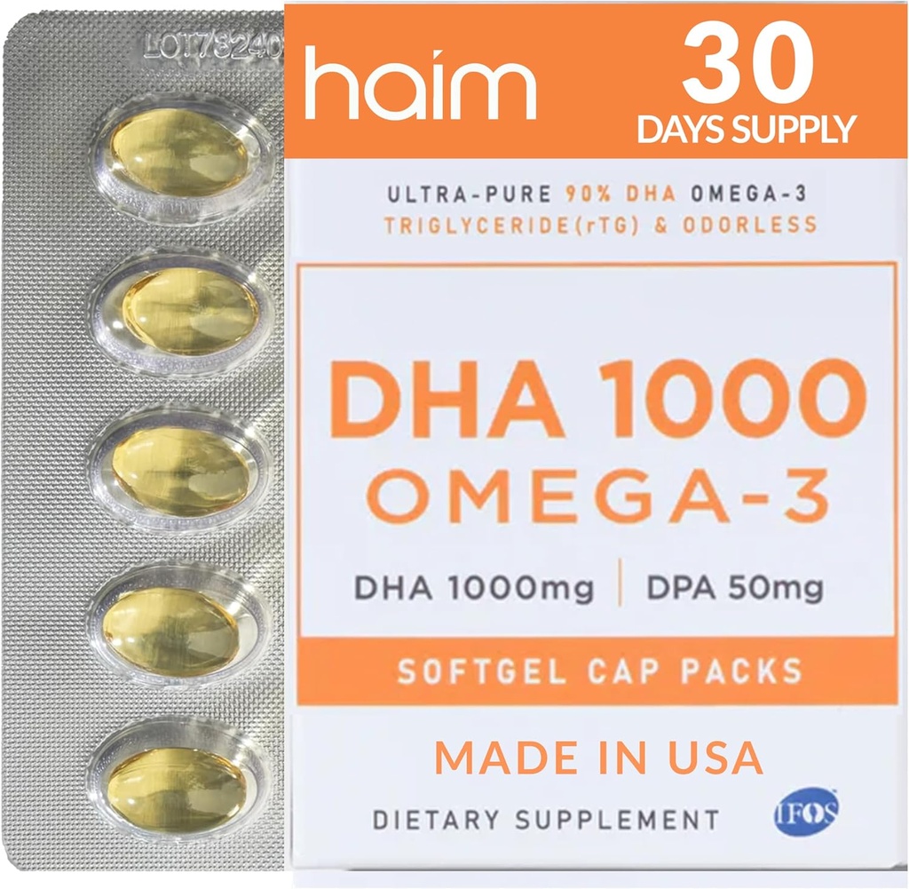 HAIM DHA 1000 Omega-3 ribje olje - 90% čistost z 1000mg DHA, 50mg DPA - Visoka moč ribje olje dodatek za možgane, oči in srce - spodbuja splošno Wellness & Focus - 1 Box, 60 Softgels