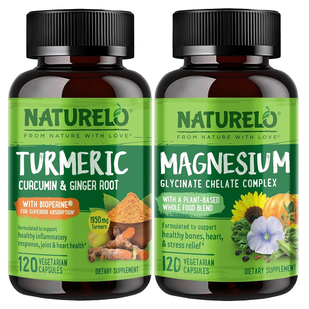 Naturelo Tumeric Curcumin, rastlinska podpora, magnezijev glicinat, 200 mg magnezija - brez glutena, brez GSO - 120 kapsul