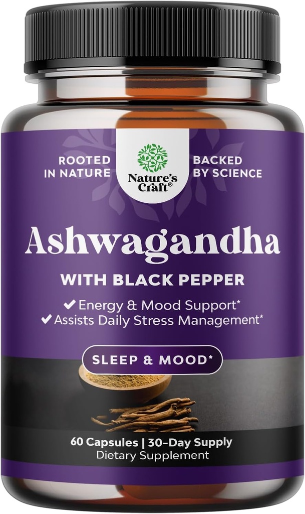 Organic Ashwagandha Root Powder 60 Kapsule - Ashwagandha z izvleček črnega popra Powder dodatki za sprostitev, spanje in imunske podpore za ženske in moške - Organic Whitania Somnifera Root dodatki