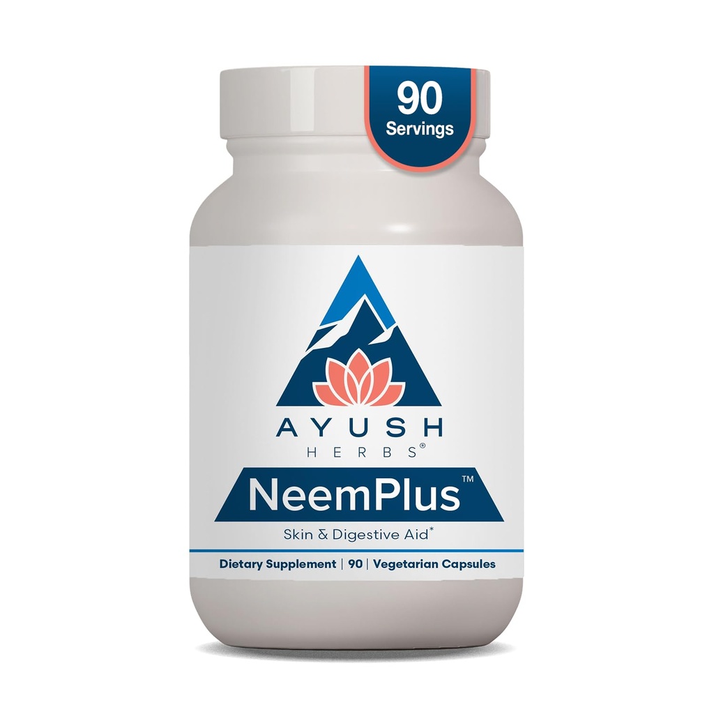 Ayush Herbs Neem Plus - Prebavno zdravje za ženske in moške, Gut podpora dodatek za zdravje želodca in kože, imunske podpore - 90 vegetarijanske kapsule (1 grof)