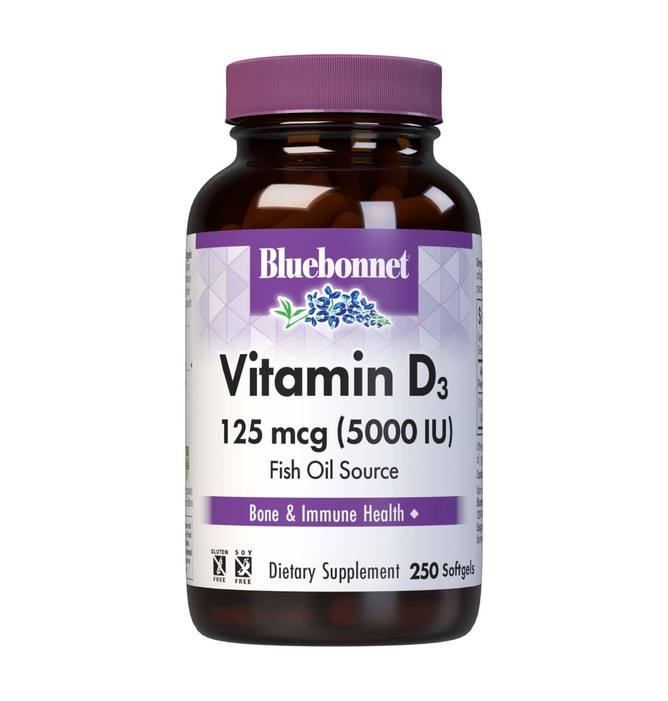 Bluebonnet Nutrition Vitamin D3 5000 i.e. softgels, Aids in Muscle and Skeletal Growth, Cholekalciferol iz ribjega olja, Non GSO, Gluten Free, Soy Free, Dairy Free, Yellow, 250 Softgels