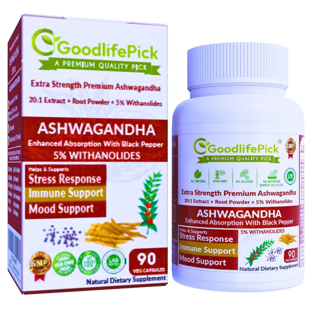 Premium Ashwagandha kapsule s črnim poprom. Moč 5% Wtanolides iz Ashwagandha Powder & 20:1 Ekstrakt 90 ct. naravni nonGMO NO riž Powder NO Filler