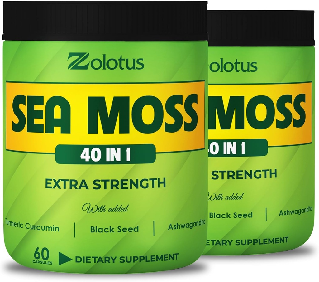 Zolotus (2 pakiranji 60 kapsul Sea Moss dodatek 40 v 1, z kurkumin, Ashwagandha koren, Bladderwrack za imunski sistem, ravnotežje telesa in zdravje srca