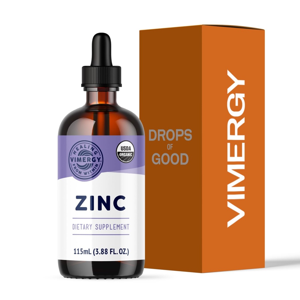 VIMERGY USDA Ekološki cinkovi dodatki za ženske in moške (7, 5 mg tekočega cinka na serviranje) Hitro absorbira Imunsko podporo, spodbuja zdrave kosti in kožo, Vegan, Do 57 Serving (115 ml)