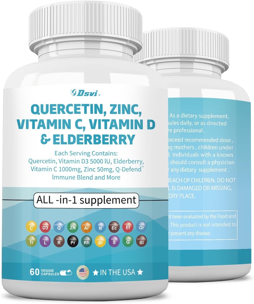 Quercetin 1000mg Cink 50mg Vitamin C 1000mg Vitamin D 5000IU Imunski sistem Podpora dodatek z Echinacea Ginger Bromelain Sea Moss Česen Nettle Vegan kapsule za moške in ženske,60 Count ZDA
