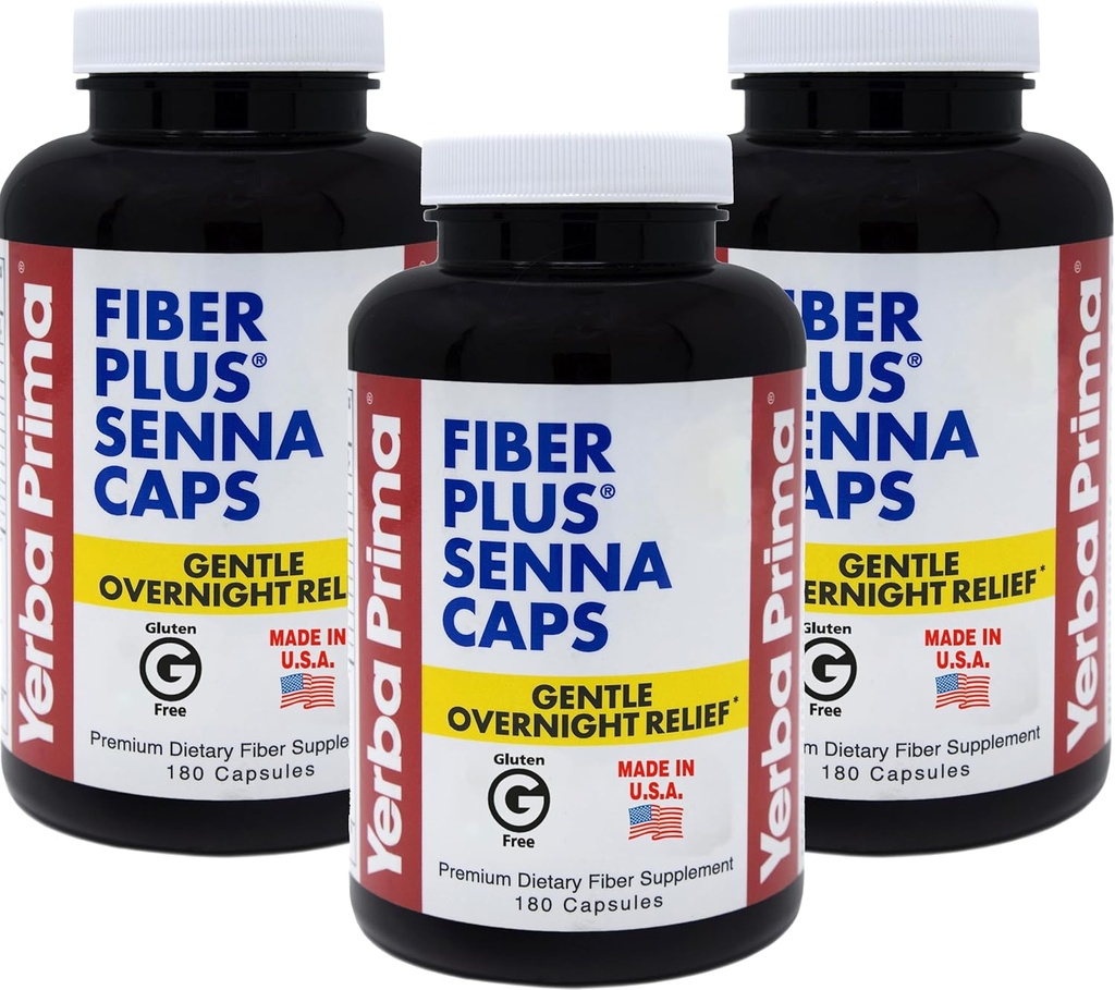 Yerba Prima Fiber Plus Senna Kapsule, 180 Štetje (3 paketi) - Nežna Relief čez noč, ZDA Made, Non-GMO, Gluten-free
