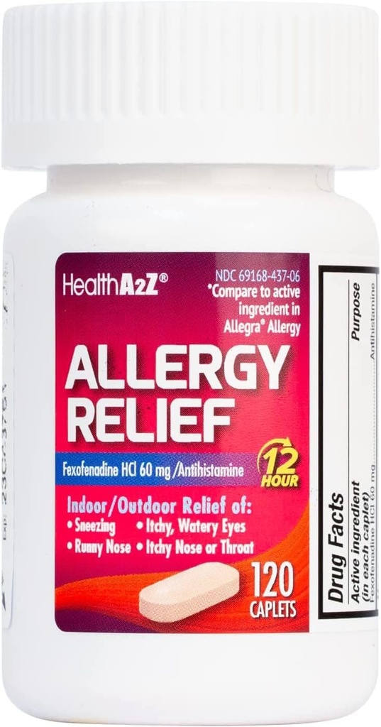 HealthA2Z® Fexofenadine Hydrochloride 60mg | 12-Hour Antihistamine for Allergy Relief | Indoor & Outdoor Allergy Relief (120 Counts (Pack of 1))