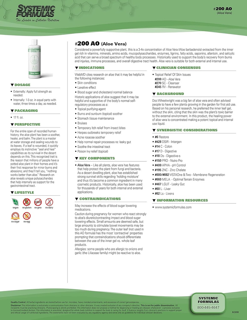Sistemske formule Aloe Vera #200-16 oz Premium stopnja za prebavno zdravje in dobro počutje - Pure Aloe Vera Extract