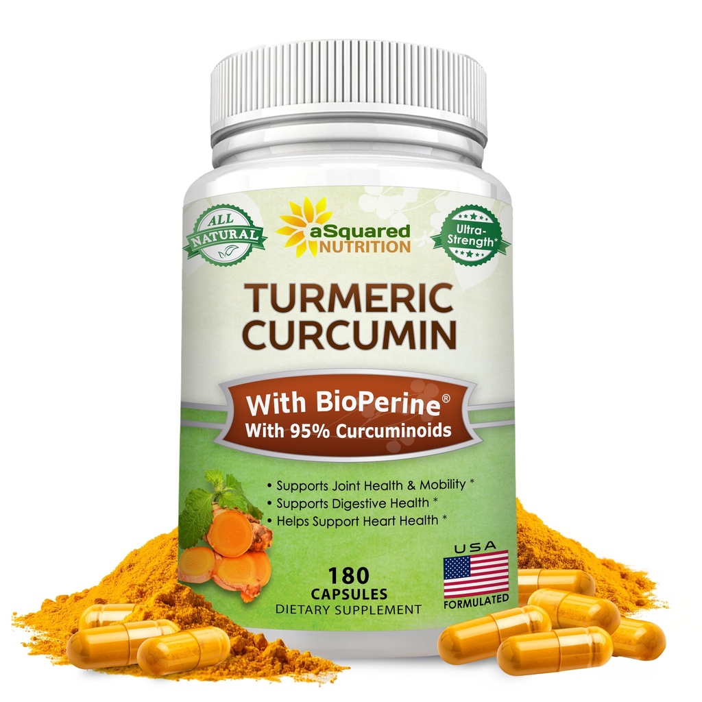 aSquared Nutrition Kurkumin 1300mg z BioPerine Black Pepper Extract - 180 Kapsule - s 95% kurkuminoidi, 100% Natural Tumer Root Powder dodatki, Pure & Joint Stiffness tablete