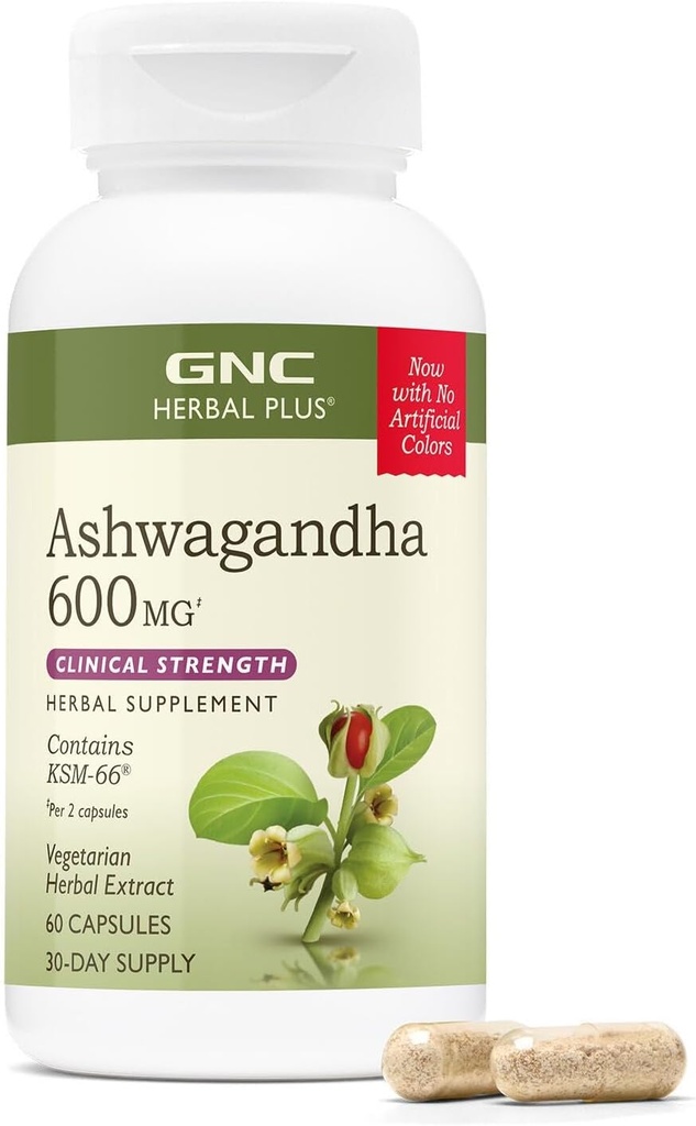 GNC Herbal Plus Ashwagandha 600mg dopolnilo, Klinična moč, Vegetarian, Stress Relief Podpora, 30 Servings