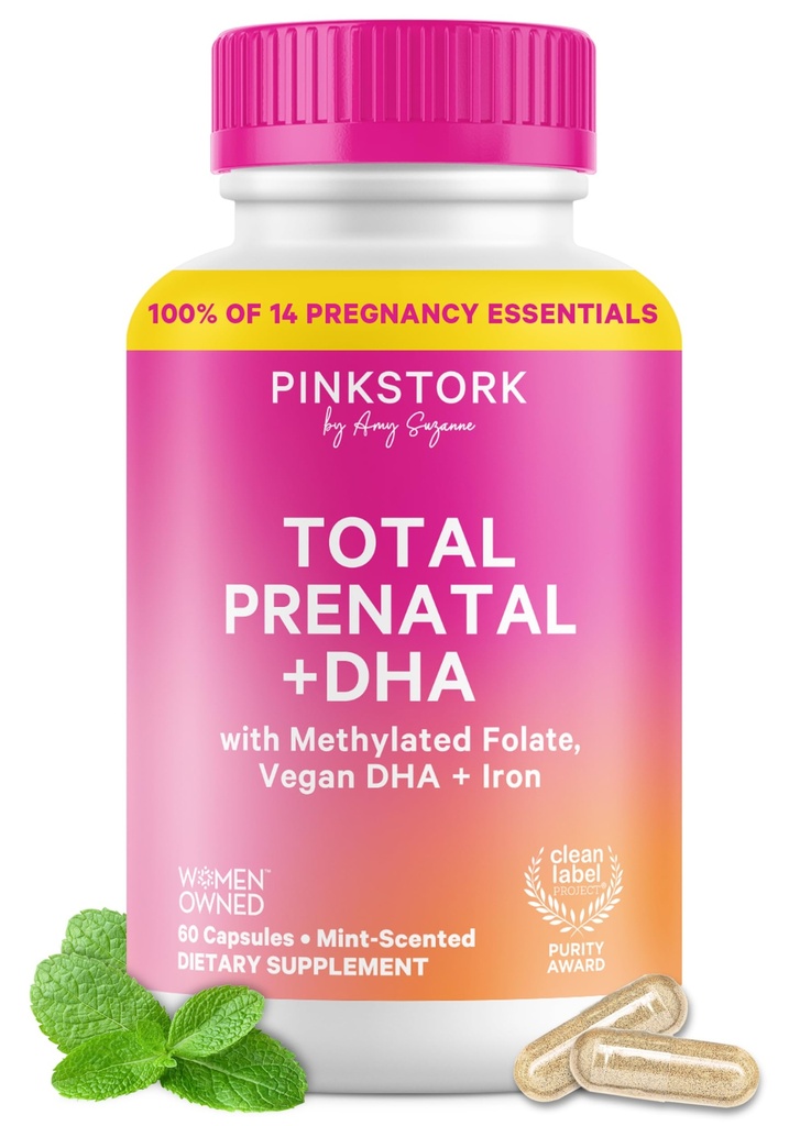 Pink Stork skupaj vitamini z DHA, Folat, železo, holin in vitamin B12 - Preconception Nutrition - Prenatals za ženske, Nosečnost Essentials - Mint Essence, 60 Kapsule, 1 mesec dobave