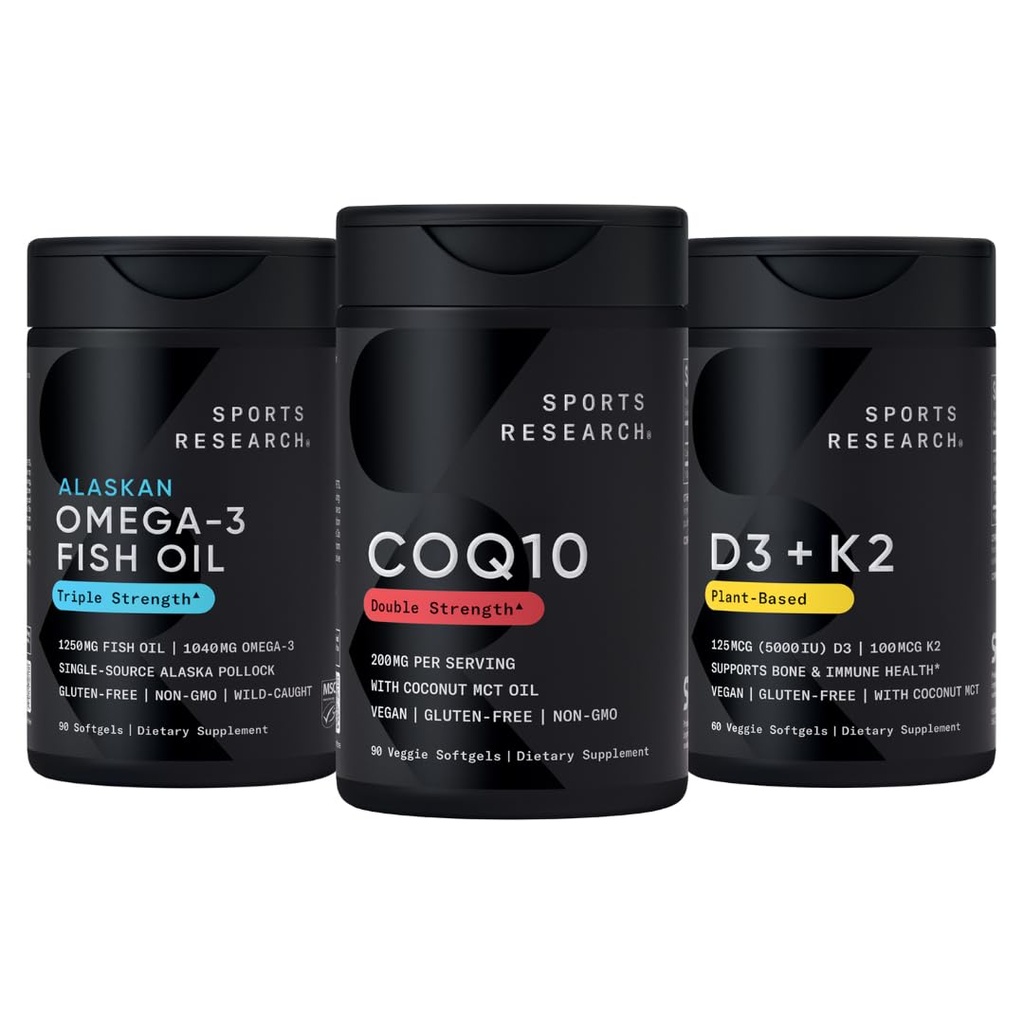 Sports Research 1250 mg Omega 3 Omega Olje brez Burpless Fish Oil iz eno-virja Wild Aljaska Pollock, CoQ10 (200mg) Okrepljeno w/coconut MCT Olje za boljšo absorpcijo in 5000iu Vitamin D s 100mcg Mk7 Vitamin K