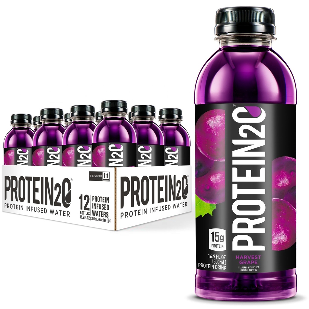 Protein2o 15g izolat sirotkinih beljakovin infundirana voda, pripravljena za pitje, brez sladkorja, brez glutena, brez laktoze, žetveno grozdje, 16.9 oz steklenica (paket po 12)