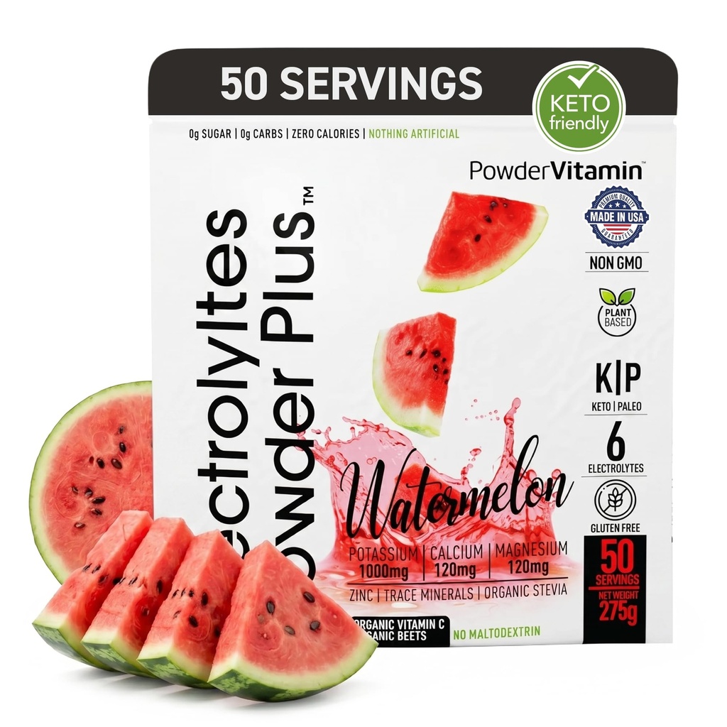 Electrolytes Powder Plus (50 Servings), 0 Calorie Keto, 0 Sugar, No Maltodextrin,1000mg Potassium,120mg Calcium,120mg Magnesium, Hydration Powder (50 Servings, Watermelon)