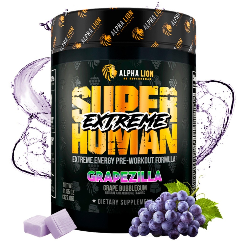 ALPHA LION Superhuman Extreme High Stim Pre Workout Powder, Beta Alanin, L-Taurin & 356mg Tri-Source Kofein za trajno energijo, dušikov oksid in citrulin za črpalko (21 Servinga, grozdna aroma)
