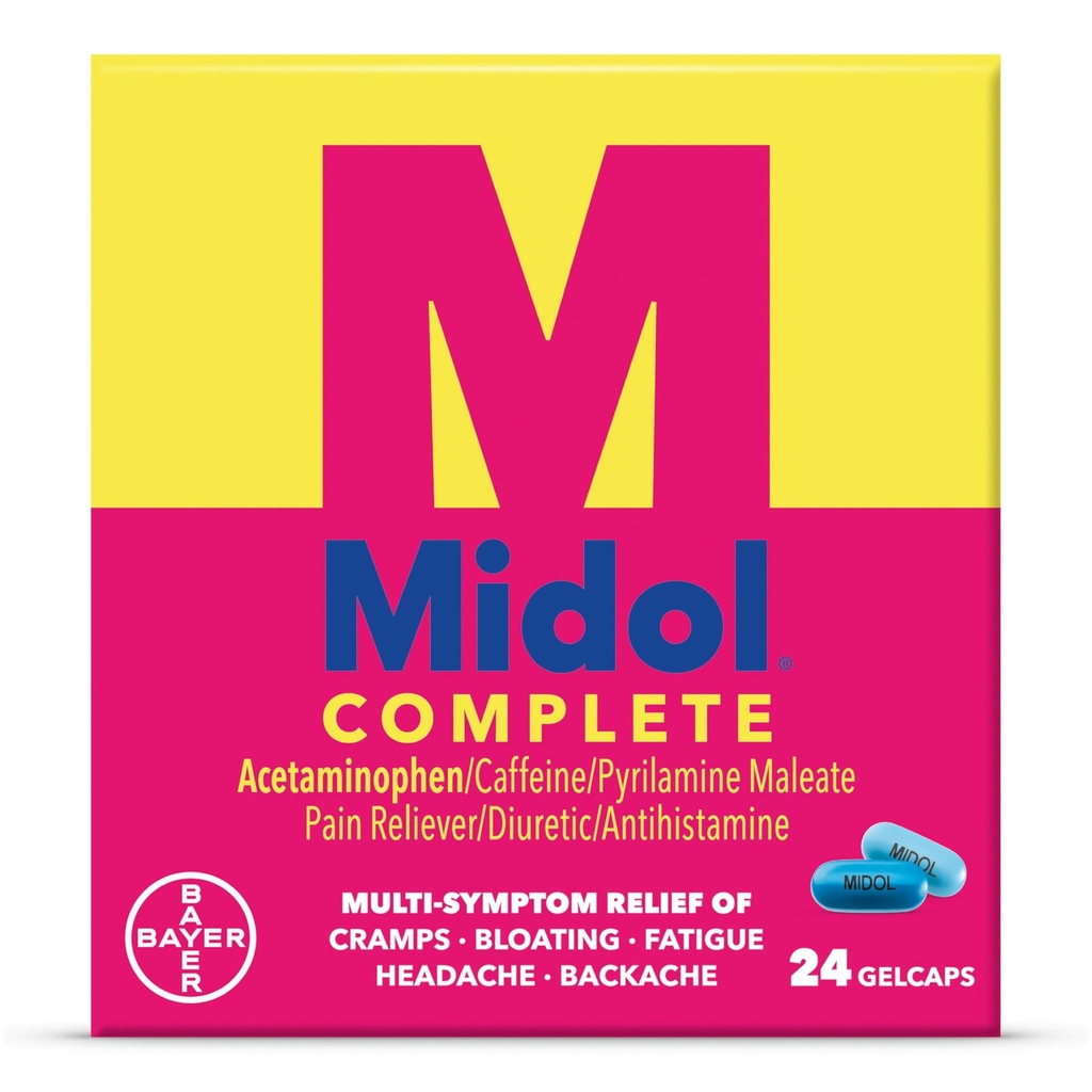 Midol Complete Gelcaps 24ct: Midol Complete Menstrual Pain Relief Gelcaps z acetataminofen za Menstrual Symptom, PMS Relief, in obdobje Cramp Relief - 24 Število (Packaging May Vary)