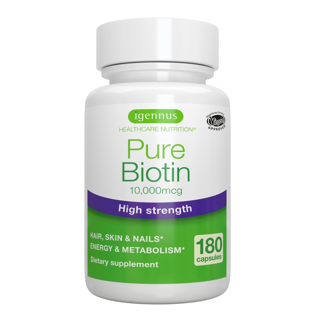 Igennus Clean Biotin 10.000mcg, vitamin visoke jakosti B7, laboratorij preverjen, vegan, 1-a-dan, majhne kapsule lahke za pogoltniti, brez po okusu ali vonju, hipoalergeni