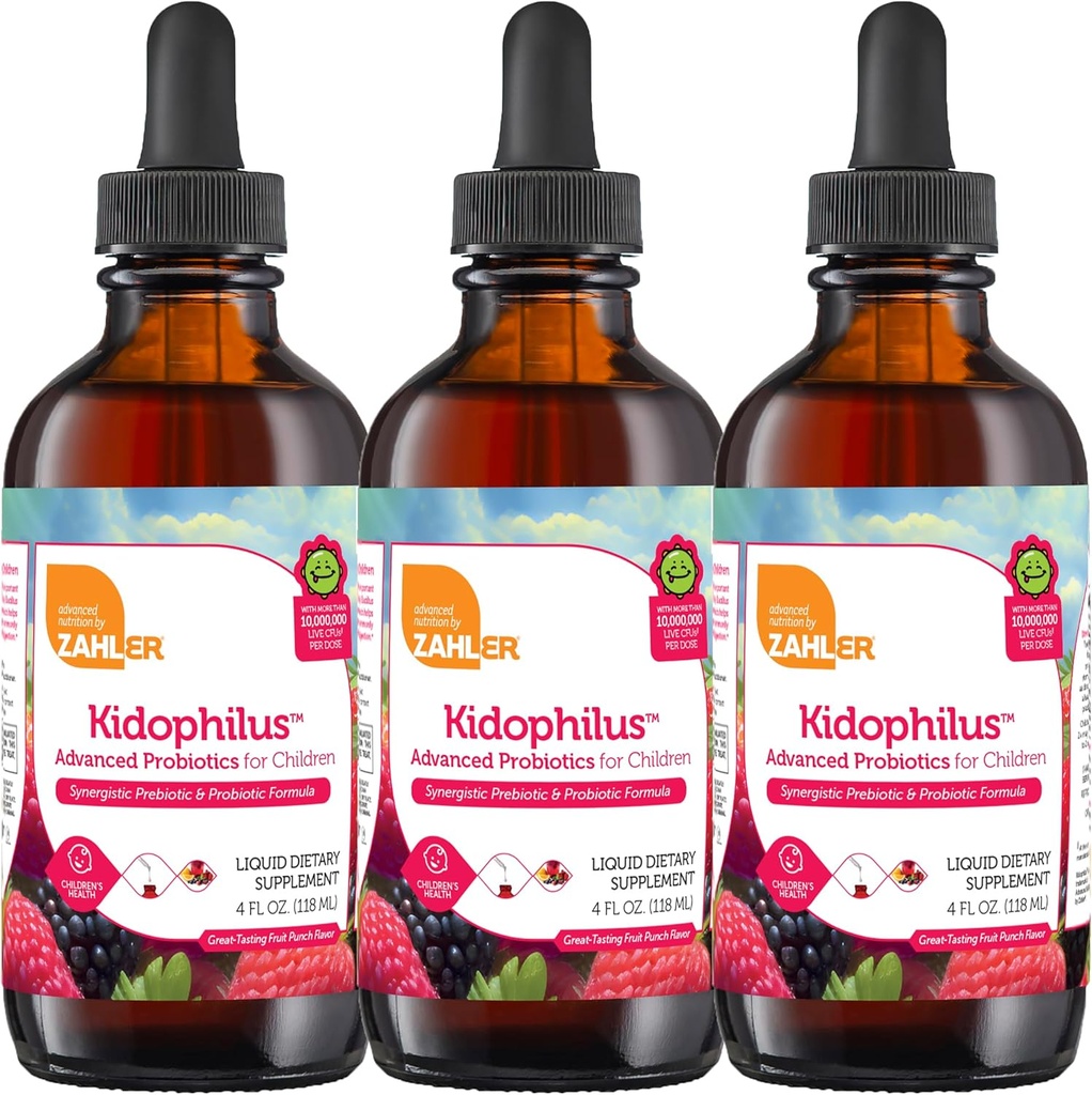 Zahler - Kidophilus tekoče kapljice Probiotiki za otroke (4 Fl Oz) Certified Kosher, za zdravo prebavljanje in imunske podpore - Sadni Punch arome otroške kapljice dodatek (3 Pack)