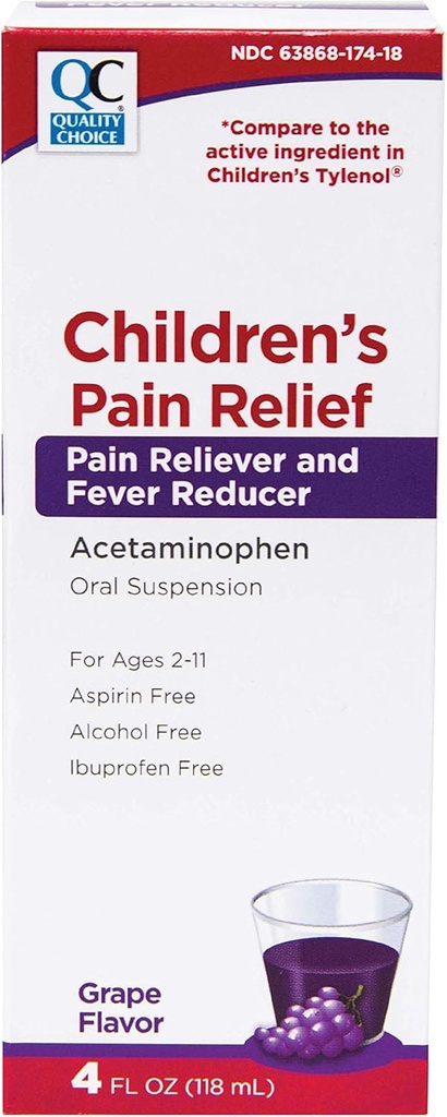 Quality Choice Children's Pain Relief & Fever Reducer za otroke, 4fl oz Acetaminofen 160mg na 5 ml, Ibuprofen & Aspirin Prosti, Tekoči prehlad in gripa Medicina za otroke, Redna moč OTC medicina