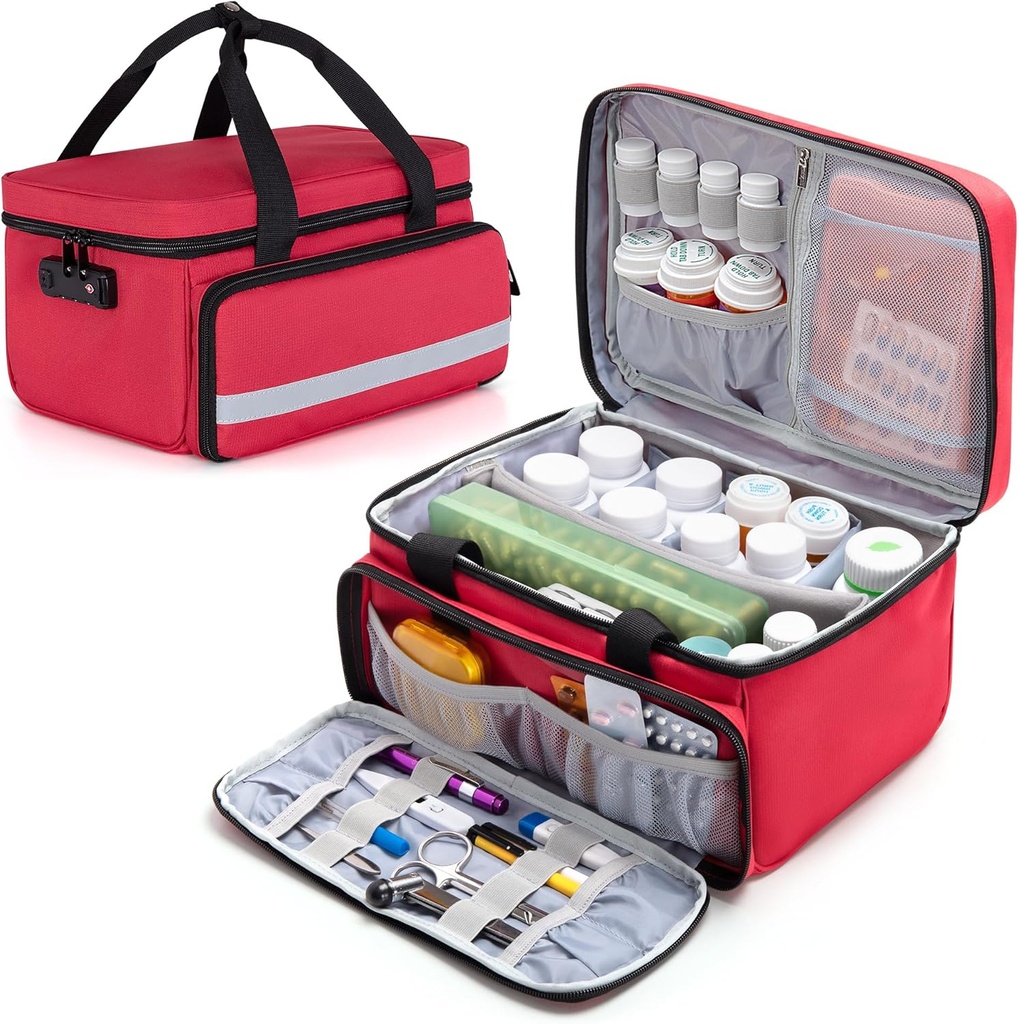 CURMIO tablete Bottle Organizer, Medicine vrečko z ključavnico za recept steklenice in kompleti za prvo pomoč, rdeča (Patented Design)