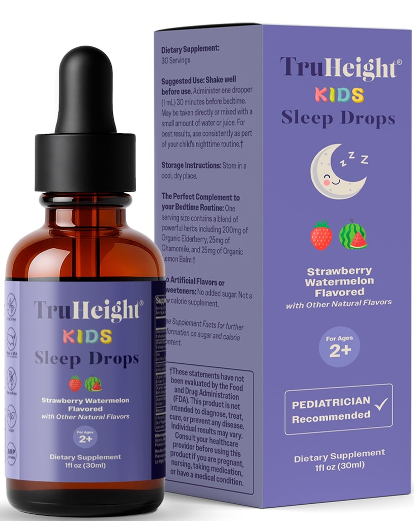 Truheight otroci Spanje Tinktura Starost 2+ (Watermelon Flavor) - Dojenčki, malčki in otroci Naravni pomoč za spanje - Baby, Toddler, Otrok Melatonin 2 Leto stari+ - Vitamin B6, Riboflavin, cink, baker, Lemon Balm
