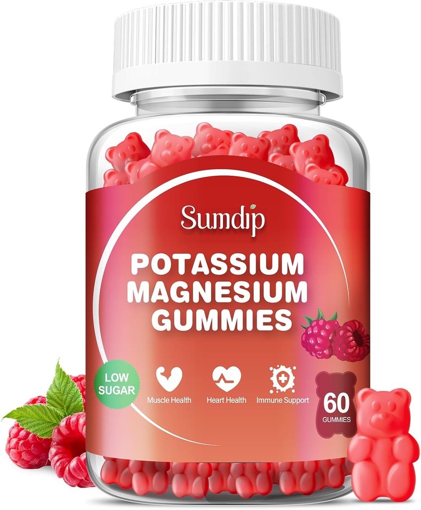 Kalij Magnezij Gumies Kalij Dodatki Visoka absorpcija Kalijev Citrat Magnezijev Citrat, Podpora Leg Cramps Mišice Sprostitev za moške in ženske 60 Gumies, Raspberry