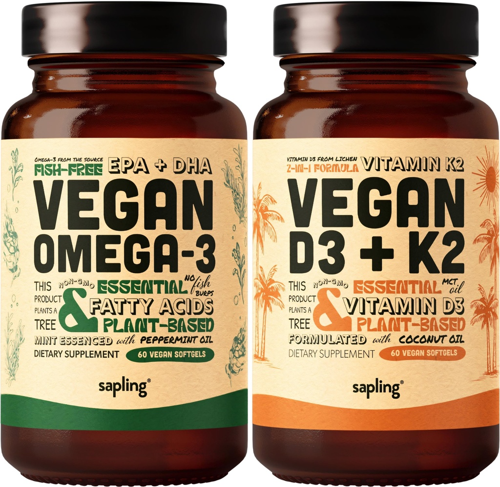 Vegan Omega 3 & Vegan Vitamin D3 + K2 dodatek paket - Nasadne DHA & EPA maščobne kisline, 4000 i.e. vitamin D3 in 100mcg vitamin K2 kot Mk7