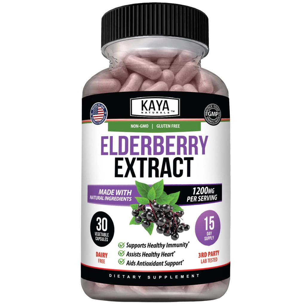 Kaya Naturals Elderberry Immune Support - Elderberry Extract, Rich Antioxidant Premium Vitamins, 1200mg Immune System Booster Sambucus Capsules - 30 Count