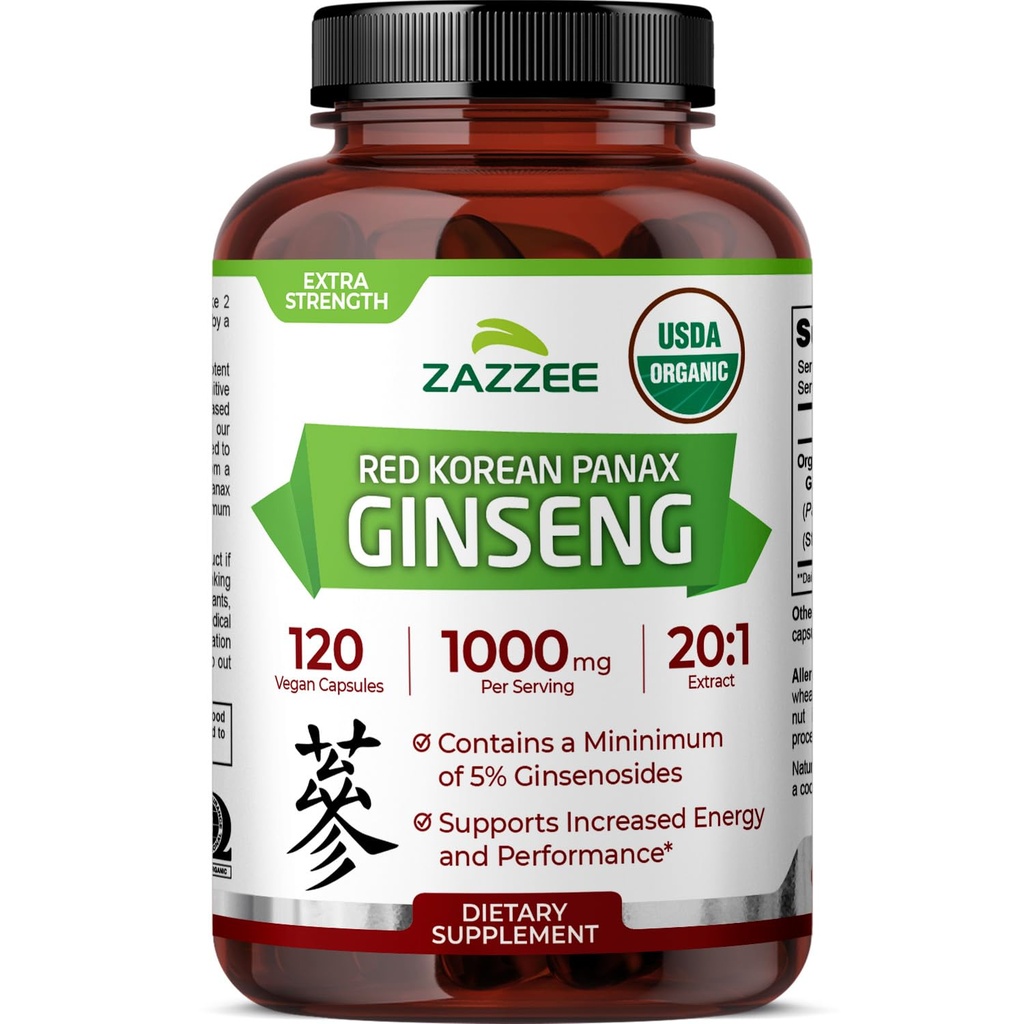 Zazzee USDA Organic Red Korean Panax Ginseng 20:1 Extract, 1000 mg, 5% Ginsenozidi, 120 Veganske kapsule, standardizirani in koncentrirani 20X korenski ekstrakt, 100% vegetarijansko, vse naravno, Izdelano v ZDA