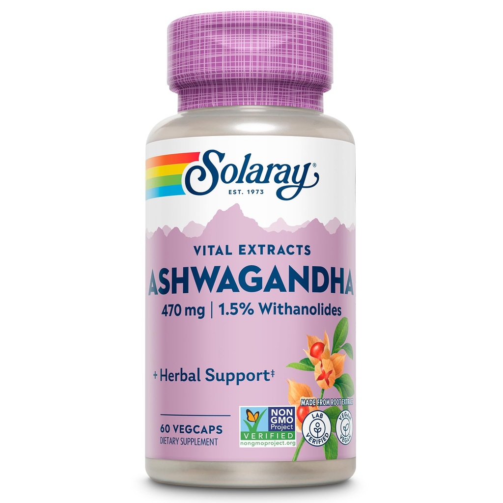 SOLARAY Vitalni izvlečki Ashwagandha 470mg - Močan adaptogeni - Ashwagandha dopolnila w/ 7mg Withanolides, Wellness podpora, Vegan, Non-GMO, Lab Verified, 60-dnevni garancije, 60 Serving, 60 VegCaps