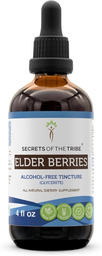 Skrivnosti plemenskih starejših jagod brez alkohola Tinktura (Glicerit) 678 mg Starejše jagode (Sambucus Nigra) Suhe jagode (4 Fl Oz) Imunska podpora dodatek