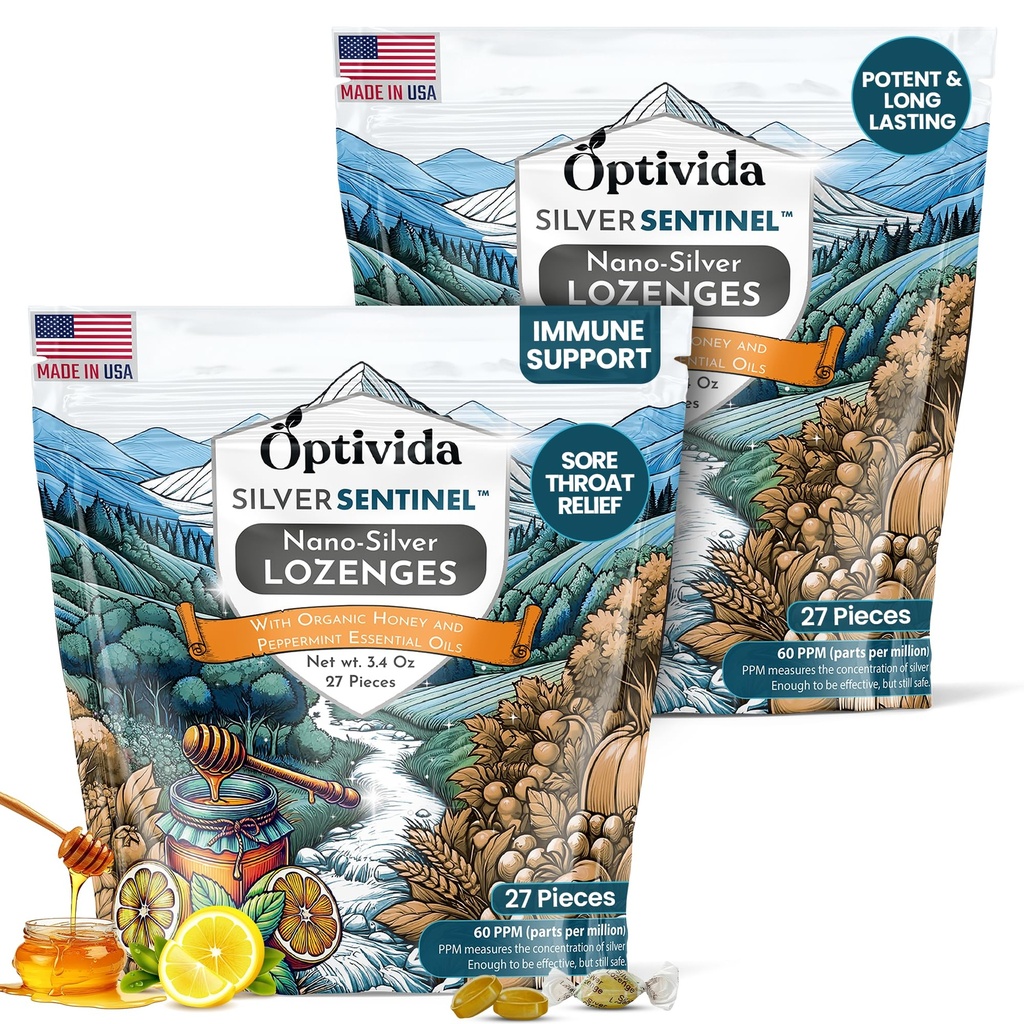OPTIVIDA Nano Colloidal Silver Lozenges 60 PPM - Organic Cough Drops for Adults - Soothing Natural Honey Sore Throat Lozenges for Immune Support - Cold & Cough Relief* Formula for Adults & Kids - 54ct