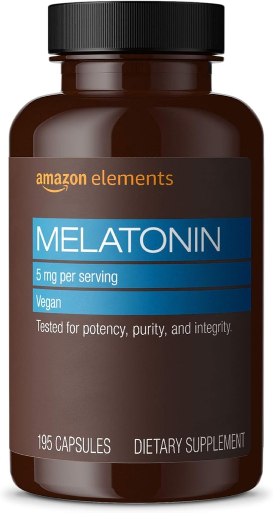 Elementi - Melatonin 5 mg kapsule, Pomaga pri občasni nespečnosti, Vegan, Nearomatizirana, 195 Število (Pack of 1), 6 mesecev dobave (Packaging lahko razlikujejo)
