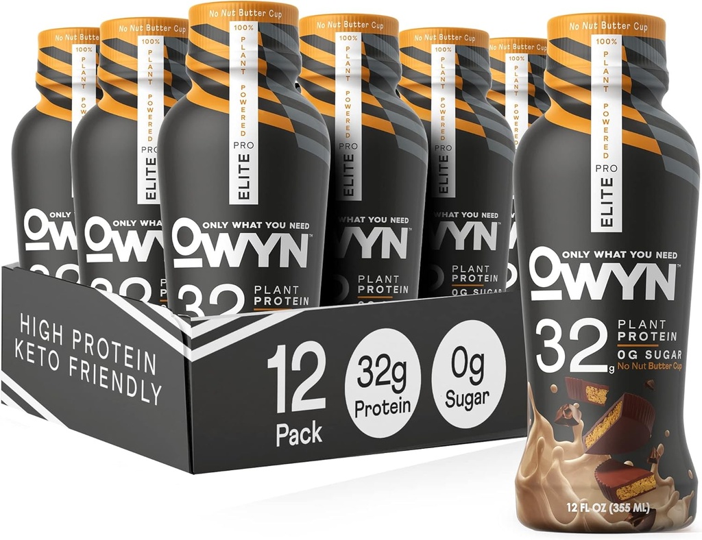 OWYN samo tisto, kar potrebujete Pro Elite Vegan High Protein Keto Shake, 32g Beljakovine, 12 Fl Oz (Pack of 12) in Pro Elite Vegan na bazi visoke beljakovine Keto Shake, No Nut Butter Cup, 32g Beljakovine (Packaging May Vary)