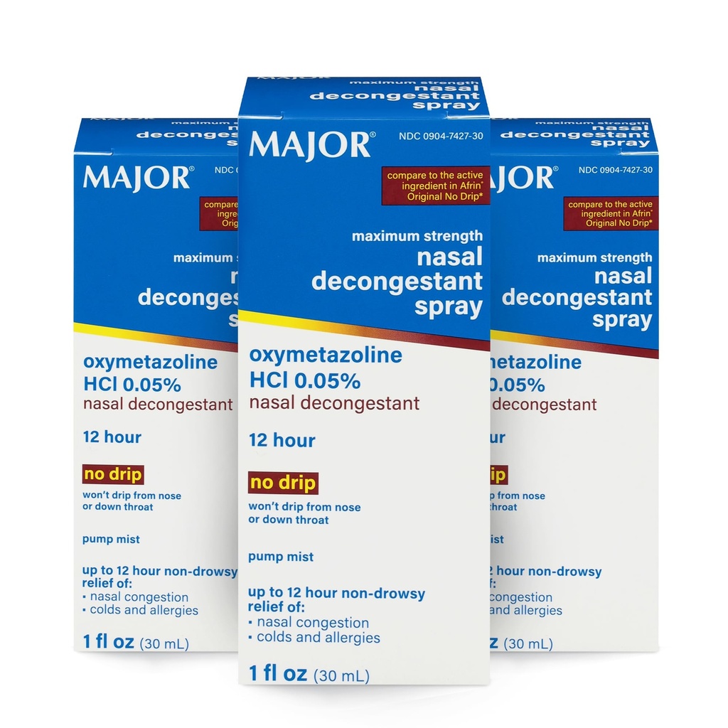 MAJOR Maksimalna moč Nazal dekongestiv Spray, Oxymetazolin HCl 0,05% Pump mist, Non-Drowsy Nasal Spray, do 12-Hour Relief iz Nasal Congestion, prehladi, in alergije 1 Fl. Oz. (3-Pack)