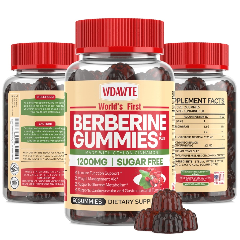 Berberine s Ceylon Cinnamon Gummies – brez sladkorja, 98% Pure & 10x Absorpcija – 1200 mg HCL organski Berberine dodatek za upravljanje teže, imuniteto, metabolično in prebavno zdravje(30 dni)