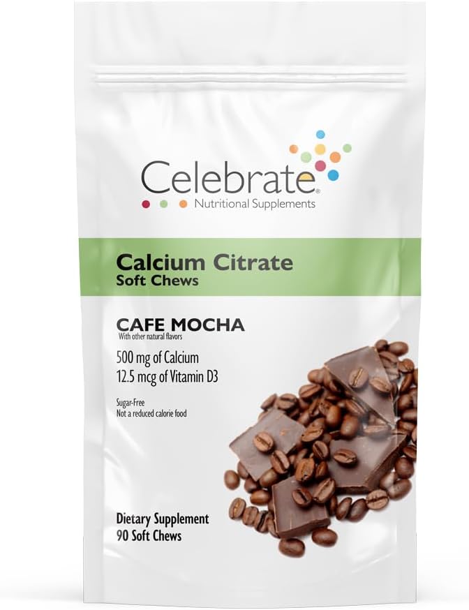 Praznujte vitamine Bariatrični kalcijev citrat Mehki žveči z vitaminom D3, 500 mg, brez sladkorja in gluten kalcijev citrat za bariatrske bolnike, Cafe Mocha, 90 število