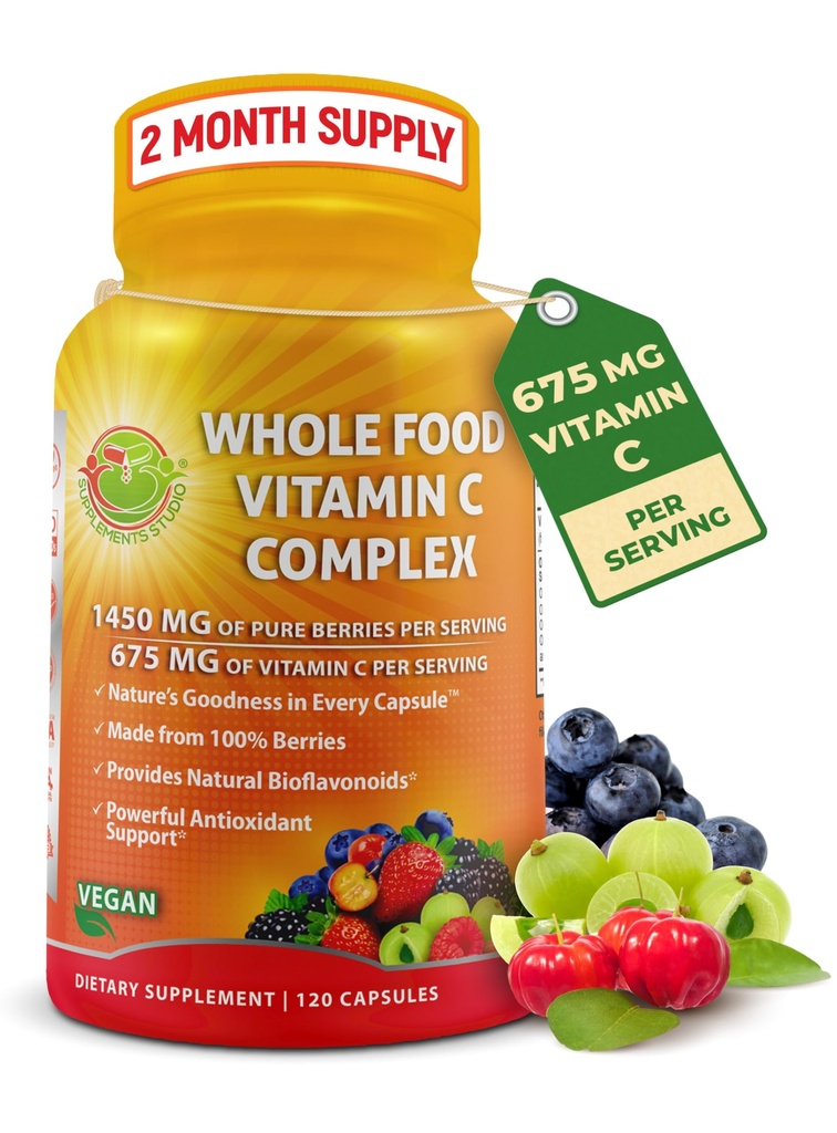 Cela hrana Vitamin C Complex - 1450mg Organic Berries - 675 mg Vitamin C na strežbo, visokopotezni antioksidant & Imunska podpora z Acerola, Amla in naravni bioflavonoidi - Vegan, Non-GMO, 120 Count