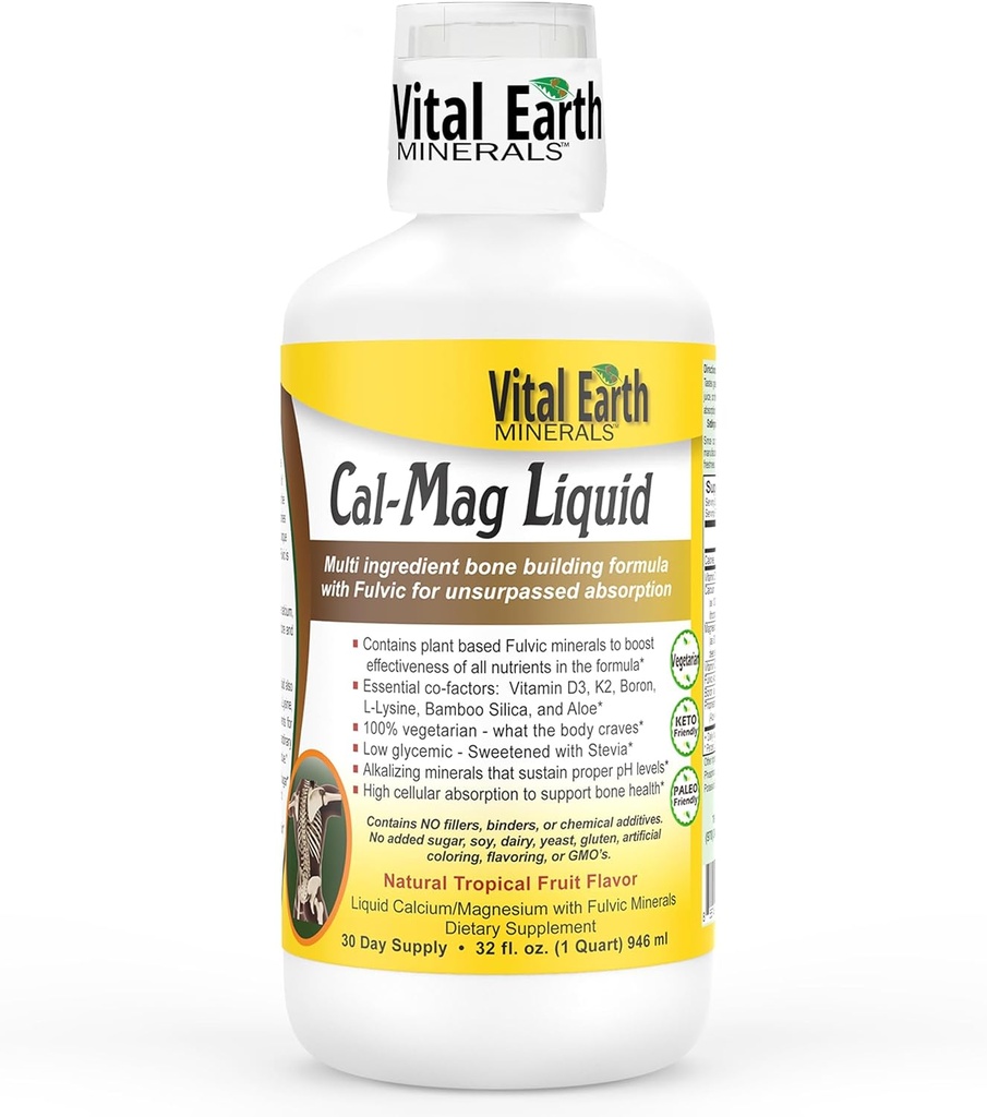 Vital Earth Minerali Cal-Mag Tekoči – Kalcij Magnezij dodatek z vitaminom D3, K2, Boron, in Fulvic kislina za hitrejšo absorpcijo, 32 Oz + 1 Oz pokal