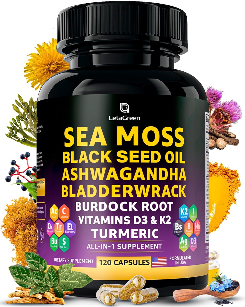 Kapsule Sea Moss – 17-v-1 Mešanica s črnim oljem Ashwagandha Bladderwrack Burdock Root Turmeric Vitamin D3 K2 C za dnevno wellness – Multimineralni dodatek za moške in ženske – 120 Count