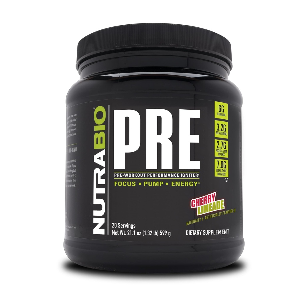NutraBio PRE Workout Powder - stara Formula- Trajna energija, Duševno fokus, vzdržljivost - Beta Alanin, Kreatin, Kofein, Elektroliti - 20 Serving - Cherry Limeade