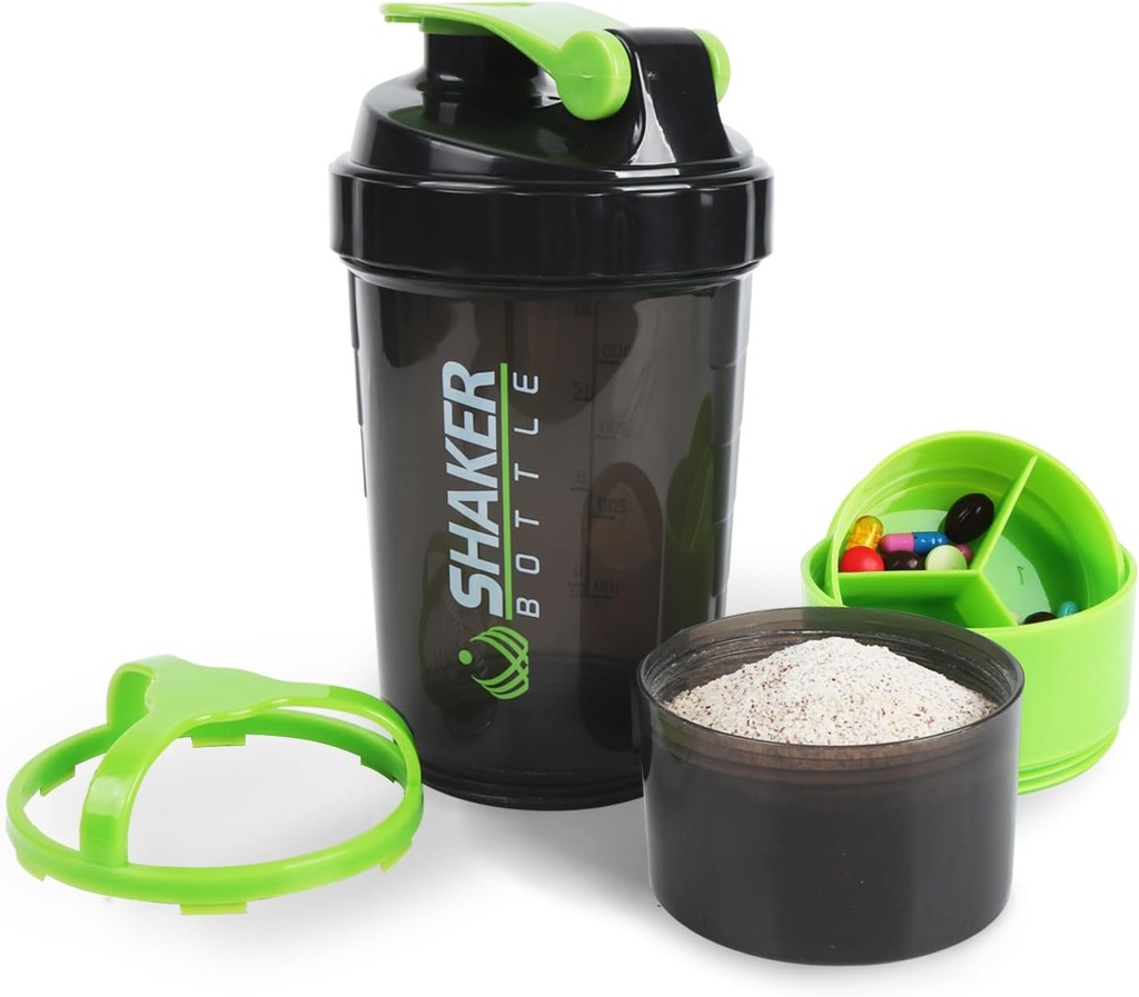 Steklenica za stresalnik - Pokal za stresanje beljakovin s predelki za shranjevanje - Tresenje, odporno proti puščanjem Steklenice z mešalnikom za gladko mešanje-500ML/16oz (ZELENA & BLACK)
