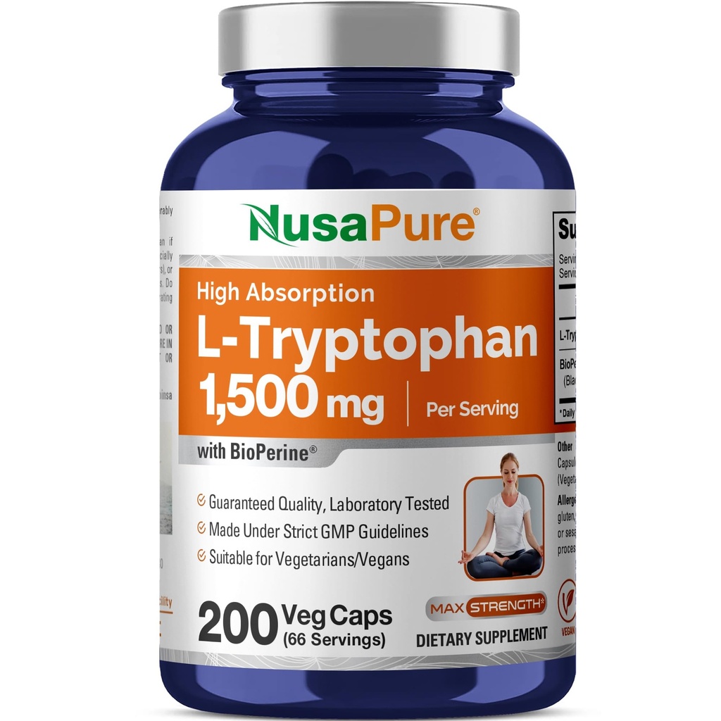 NusaPure L-Triptofan 1500mg 200 vegetarijanske kapice (ne-GMO, vegan) Bioperin