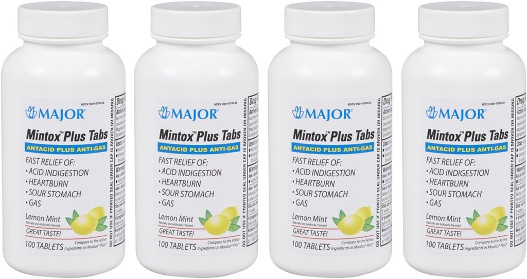 MAJOR Mintox Plus Tabs - Antacid Plus Anti-Gas tablete - pomaga hitro lajšanje prebavne motnje kisline, zgaga, Sour Stomach in plin - Lemon Mint arome - 100 Število (4 pakiranje)