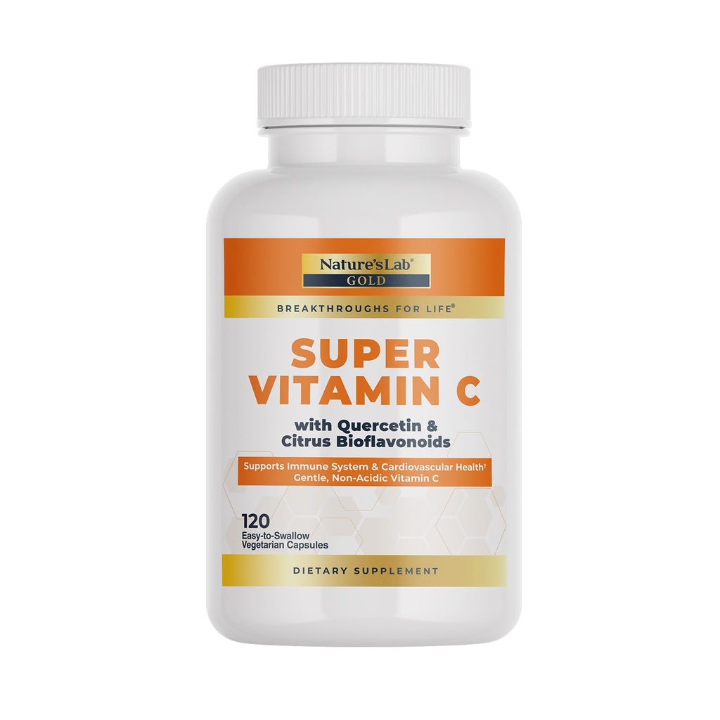 Nature's Gold Super Vitamin C 1000mg – Podpora imunskemu sistemu – vsebuje Bioflavonoide Complex & Quercetin – neacidni, ne-GMO, Gluten Free, Vegan – 120 kapsul (2 mesec oskrbe)